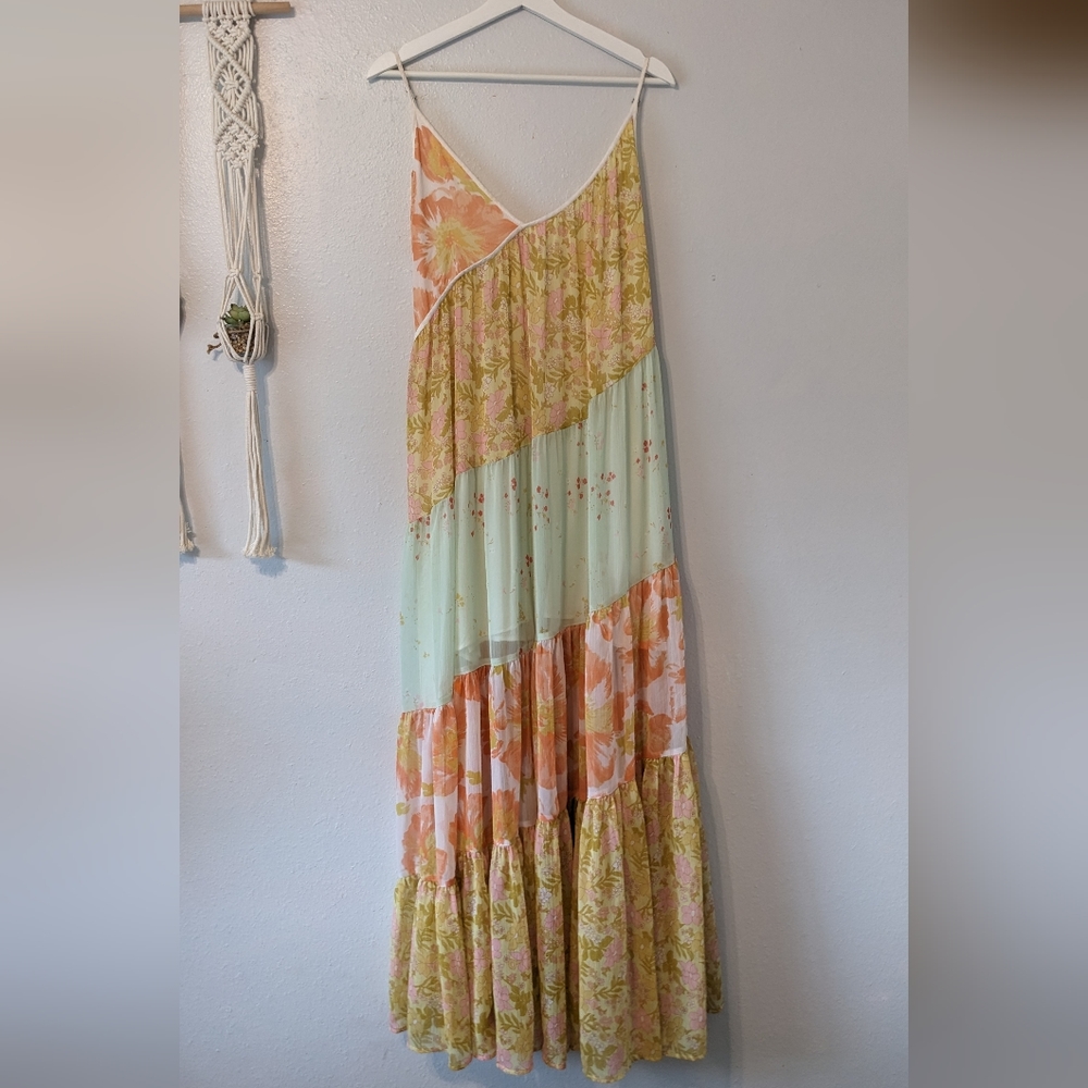 Free People Diagonal Tiered Floral Maxi Dress in Mint, Peach & Yellow - Picture 3 of 15